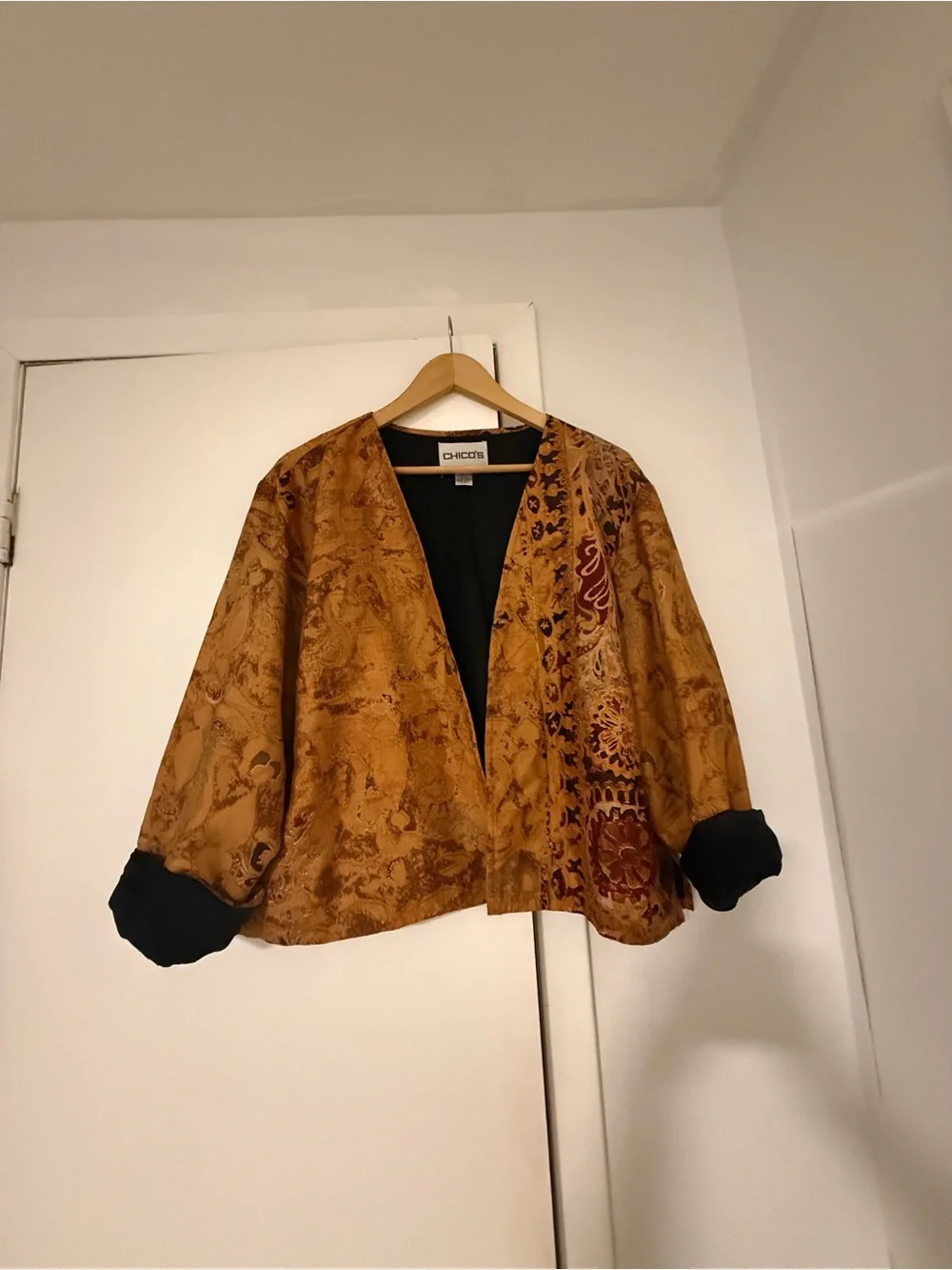 Chico's Golden Brown Printed Open-Front Jacket with Black Cuffs
